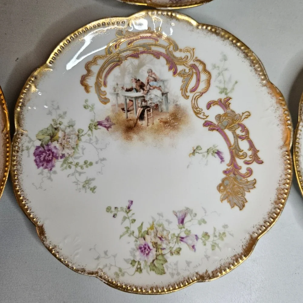 Antique Limoges France AK CD Courting Scene Gold Gilt Scalloped Rim Plates 8.5
